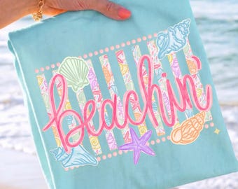 Comfort Colors© Summer Beachin' Shirt, Beach Coastal Watercolor Tee, Retro Summer Vacation T Shirt, Tropical Girls Trip Gift