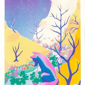 May include: A colorful illustration depicts a stylized animal with pink and blue fur, set against a landscape of yellow hills and purple skies. Bare trees and orange fruit add detail. The artwork is signed "GWEN C. KATZ 2025".