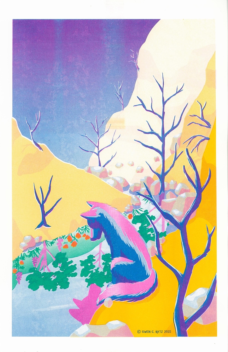 May include: A colorful illustration depicts a stylized animal with pink and blue fur, set against a landscape of yellow hills and purple skies. Bare trees and orange fruit add detail. The artwork is signed "GWEN C. KATZ 2025".
