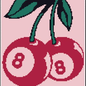 Puede incluir: Ilustración pixelada de dos cerezas, cada una parecida a una bola ocho. Las cerezas son de color rojo intenso con círculos blancos y el número 8. Hojas y tallos verdes completan el diseño, sobre un fondo rosa claro.