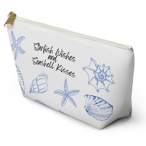 Starfish Wishes and  Seashell Kisses Zipper Bag, Coastal Blue Seashell and Starfish Makeup Bag, Nautical Travel Accessory Gift