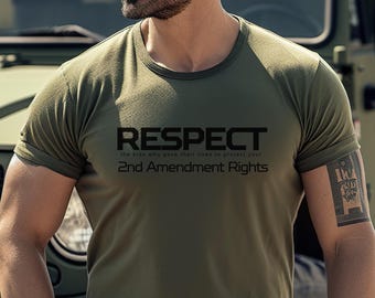 May include: A man wearing a green t-shirt with the text "RESPECT Our kids and grandkids deserve to protect you 2nd Amendment Rights". He is standing in front of a military green jeep.