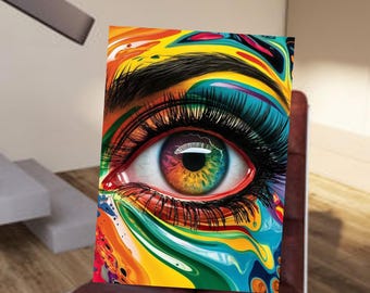 May include: A vibrant, abstract eye art print. The eye features a multicolored iris with shades of yellow, orange, and green. Long, black eyelashes and a thick, dark eyebrow frame the eye. The artwork uses a bold, colorful palette with flowing lines.