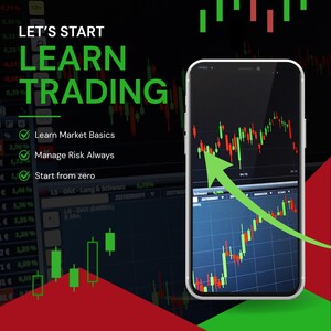 Puede incluir: Un teléfono inteligente que muestra un gráfico de trading financiero con velas rojas y verdes. La pantalla presenta el texto LET'S START LEARN TRADING, junto con los puntos: Learn Market Basics, Manage Risk Always y Start from zero.