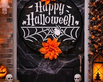 Zawieszka na drzwi na Halloween: czarna, pomarańczowa, białe kwiaty, pajęczyny