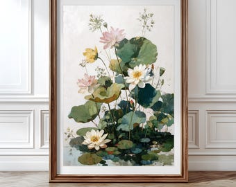 Flor de loto minimalista, lámina de pintura al óleo botánica zen asiática.