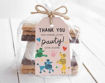 Etiqueta de festa editável para impressão, decoração de festa de filhotes, lembrancinhas de festa de aniversário de cachorro, tema de festa de aniversário de menina, aniversário de poodle, animal de festa
