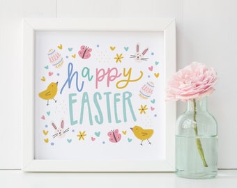 Happy Easter Printable Sign, Holiday Home Decor, Spring Printable Wall Art, Printable Easter Artwork, Classroom Decor, Instant Download