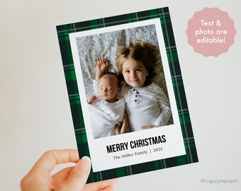 Digital Photo Christmas Card,Plaid Christmas Card,Printable Holiday Card,Family Holiday Card Template,Traditional Christmas,INSTANT DOWNLOAD