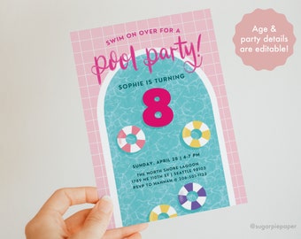 Pool Party Birthday Invitation, 8th Birthday Party Invite, Girl Birthday Ideas, Summer Birthday Party, Editable Invitation Template