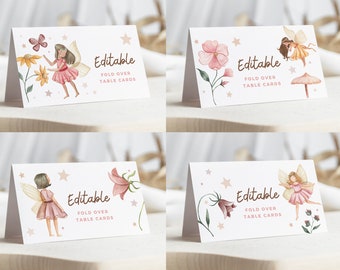 May include: Four printable, editable, fold-over table cards featuring watercolor illustrations of fairies, flowers, and stars. The text on each card reads "Editable Fold Over Table Cards".