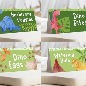 Etiquetas de comidas de aniversário de dinossauro, tendas de mesa de dinossauro, aniversário de dinossauro, decoração de mesa de aniversário infantil, decorações para festa de dinossauro