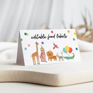 Tarjetas de comida editables, tarjetas de buffet, decoraciones de cumpleaños de safari, tarjetas de mesa de cumpleaños, etiquetas de nombre editables, tarjetas de carpa de mesa, decoración de cumpleaños para niños