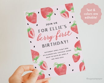 Berry First Birthday Invitation, First Birthday Ideas For Girl, Strawberry Birthday Invitation, Berry First Birthday Invite, First Bday Girl