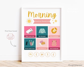 May include: A printable checklist for kids to use in the morning. The checklist includes illustrations of making the bed, getting dressed, eating breakfast, brushing teeth and hair, putting on shoes, and grabbing a backpack. The checklist also includes the days of the week: Monday, Tuesday, Wednesday, Thursday, Friday.