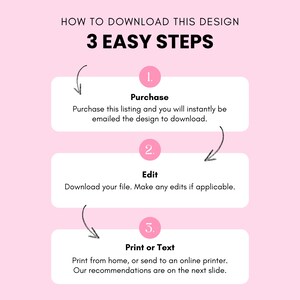May include: A pink background with three steps for downloading a design. The steps are numbered 1, 2, and 3. Step 1 is "Purchase", step 2 is "Edit", and step 3 is "Print or Text".