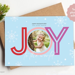 Tarjetas navideñas imprimibles con foto, descarga digital de tarjetas navideñas, tarjetas de felicitación navideñas, plantilla minimalista de tarjeta navideña, alegría para el mundo
