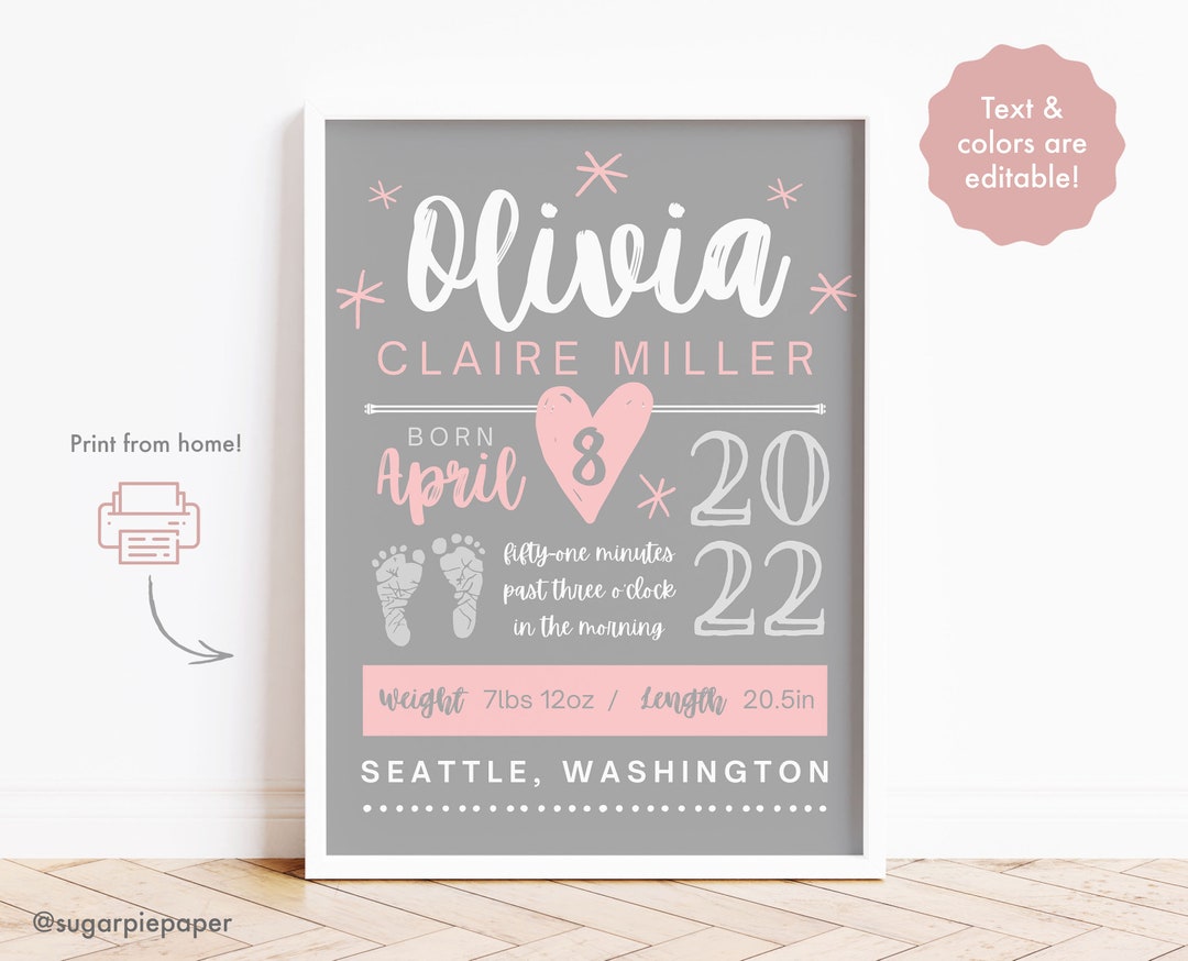 Birth Stats Sign Printable, Birth Announcement Template, Newborn ...