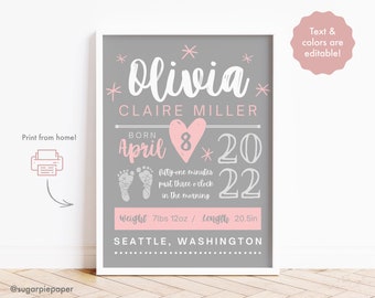 Birth Stats Sign Printable, Birth Announcement Template, Newborn Arrival, Welcome To The World, Hospital Name Sign Girl,Above The Crib Decor