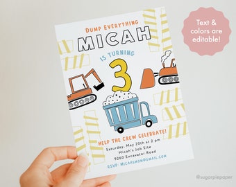 Construction Birthday Party Invitation, Garbage Truck Birthday Invitation, Boys Birthday, Construction Party, Dump Truck, 3rd Birthday