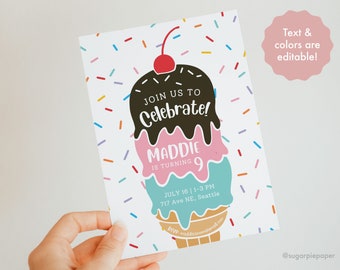 Ice Cream Birthday Party Invitation Digital, Summer Birthday Invite, Editable Birthday Invitation Template, Electronic Text Invite Girl