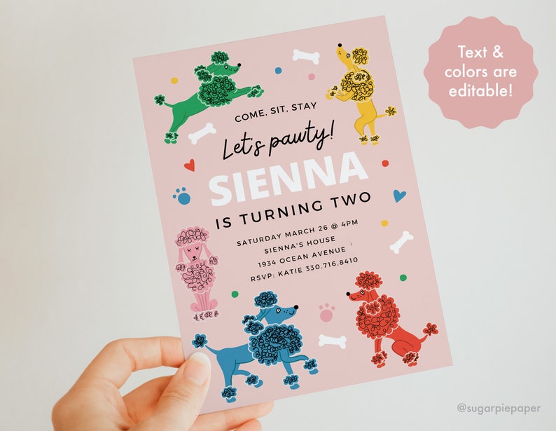 Puppy Party Invitation, Poodle Party, 2nd Birthday Invitation, 2nd Birthday, Pawty Birthday Invite, Puppy Party Printable, Lets Pawty image 1