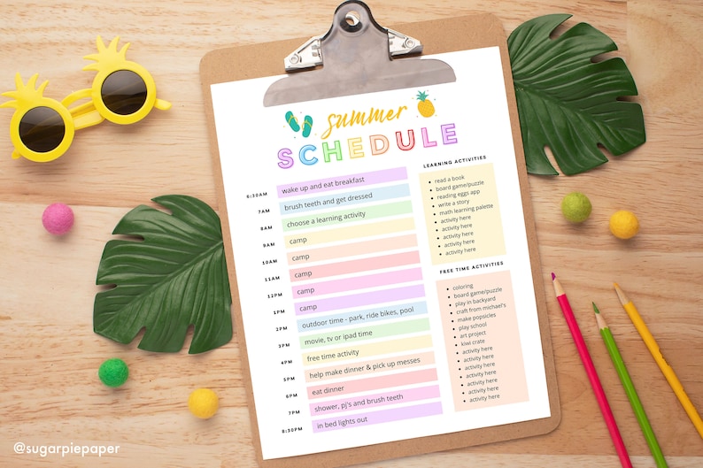 May include: A printable summer schedule for kids with a colourful design. The schedule includes activities for learning, free time, and outdoor time. The text on the schedule includes "Summer Schedule", "Learning Activities", "Free Time Activities", "Wake up and eat breakfast", "Brush teeth and get dressed", "Choose a learning activity", "Camp", "Outdoor time - park, ride bikes, pool", "Movie, TV or iPad time", "Free time activity", "Help make dinner & pick up messes", "Eat dinner", "Shower, PJ's and brush teeth", "In bed lights out".