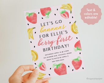 Berry First Birthday Invitation Editable, Strawberry 1st Birthday Invite, First Bday Evite, One Year Old Party Theme Girl, 1 Year Old Invite