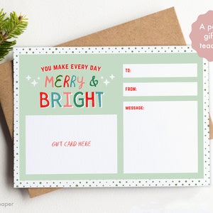 Regalo de Navidad para maestros, Titular de la tarjeta de regalo de Navidad imprimible, Feliz y brillante, Descarga de tarjeta de regalo, Plantilla de certificado de regalo, Tarjeta de regalo de Navidad