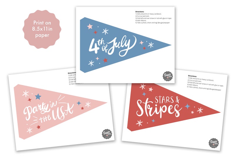 May include: Three printable pennant flags for the 4th of July. The flags are blue, pink, and red with white stars and text. The text on the flags reads "4th of July", "Party in the USA", and "Stars & Stripes".