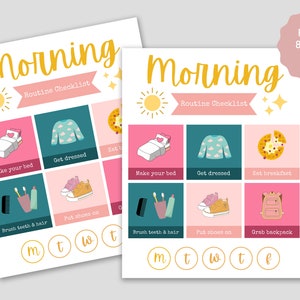 K&ouml;nnte beinhalten: Druckbare Morgenroutine-Checkliste f&uuml;r Kinder mit bunten Illustrationen von einem Bett, Kleidung, Fr&uuml;hst&uuml;ck, Schuhen, einer Zahnb&uuml;rste und einem Rucksack. Die Checkliste enth&auml;lt die Wochentage: Montag, Dienstag, Mittwoch, Donnerstag und Freitag.