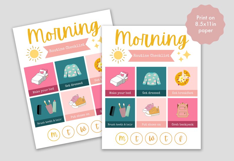 K&ouml;nnte beinhalten: Druckbare Morgenroutine-Checkliste f&uuml;r Kinder mit bunten Illustrationen von einem Bett, Kleidung, Fr&uuml;hst&uuml;ck, Schuhen, einer Zahnb&uuml;rste und einem Rucksack. Die Checkliste enth&auml;lt die Wochentage: Montag, Dienstag, Mittwoch, Donnerstag und Freitag.