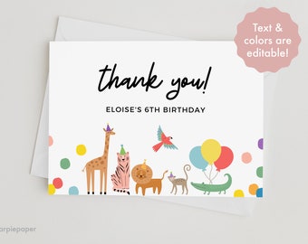 Birthday Thank You Card, Party Animals Birthday, Wild Animals Party, Jungle Thank You Cards, Jungle Party, Birthday Thank You