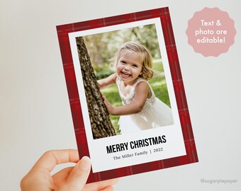 Digital Christmas Cards Template, Traditional Christmas Card Printable, Photo Holiday Cards, Christmas Card Template, Plaid Christmas Cards