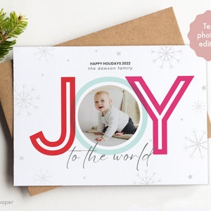 Plantilla de tarjeta de Navidad para pareja, tarjeta navideña para recién casados, foto editable de tarjeta de Navidad, diseño de tarjeta Joy To The World, tarjeta de Navidad colorida