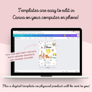 May include: A laptop displays a digital party invitation template with animal illustrations. The text reads, "Templates are easy to edit in Canva on your computer or phone!" and "You can add party details, move around graphics, and change colors!"