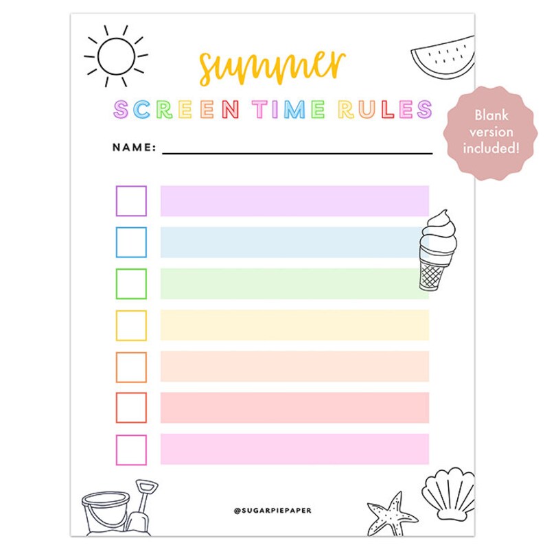 May include: Printable summer screen time rules checklist with a colourful rainbow design. The checklist has a space for a name, seven lines for rules, and a tick box next to each line. The checklist is decorated with summer icons like a sun, watermelon, ice cream cone, seashell, and a starfish.
