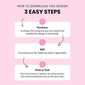 May include: A pink background with three steps for downloading a design. The steps are numbered 1, 2, and 3. Step 1 is "Purchase", step 2 is "Edit", and step 3 is "Print or Text".