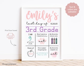 Last Day of School Sign Printable, Milestone Poster Template, End of School Year, Kid Photo Props, Last Day of 3rd Grade,Classroom Printable