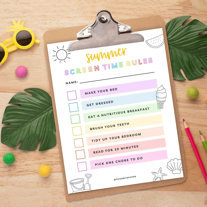May include: A printable checklist with a summer theme. The checklist has a title that says "Summer Screen Time Rules". The checklist includes tasks such as "Make your bed", "Get dressed", "Eat a nutritious breakfast", "Brush your teeth", "Tidy up your bedroom", "Read for 20 minutes", and "Pick one chore to do".