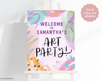 Art Birthday Poster Printable, Painting Party Birthday, Paint Party Kids, Art Party Decorations, Kids Birthday Poster, Birthday Welcome Sign