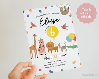 Invito degli animali da festa, Invito di compleanno degli animali da festa, Invito di compleanno per bambini, Invito di compleanno stampabile, Invito di compleanno per bambini