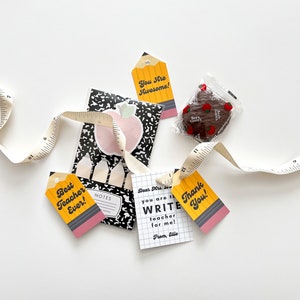 May include: A set of teacher appreciation gift tags with yellow pencil designs and the text "You Are Awesome!" "Best Teacher Ever!" "Thank You!" and "Dear Mrs. you are the WRITE teacher for me! From, Ellie".