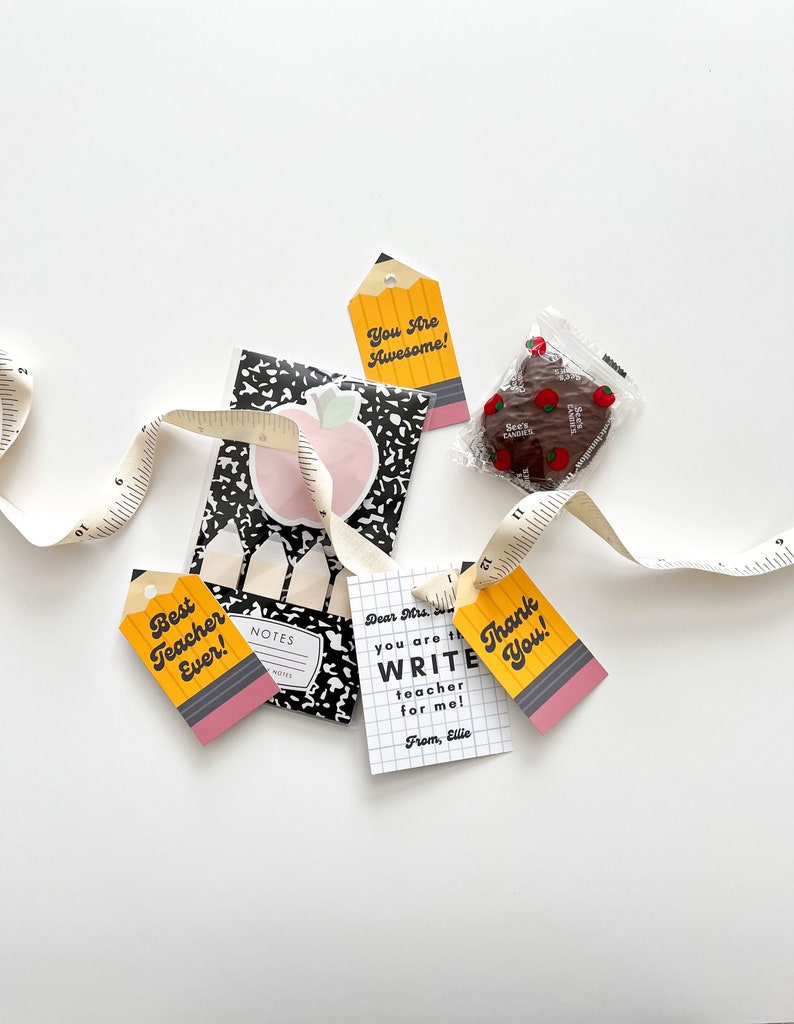 May include: A set of teacher appreciation gift tags with yellow pencil designs and the text "You Are Awesome!" "Best Teacher Ever!" "Thank You!" and "Dear Mrs. you are the WRITE teacher for me! From, Ellie".