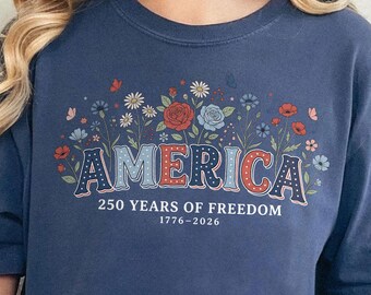Camiseta con estampado floral de la bandera de Estados Unidos por sus 250 años, Camiseta para celebrar el 250 aniversario, Regalo patriótico para el 4 de julio, Estilo Cottagecore