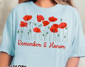 Camiseta Comfort Colors® para el Día de los Caídos, Camiseta con diseño de amapola para recordar y honrar, Camiseta en memoria de los veteranos, Regalo floral patriótico