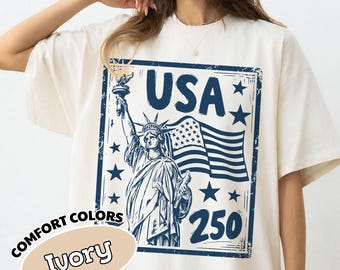 Camiseta Comfort Colors Estatua de la Libertad, Camiseta USA 250 Vintage America, Camiseta del 4 de julio, Camiseta gráfica retro patriótica, Camiseta con la bandera estadounidense