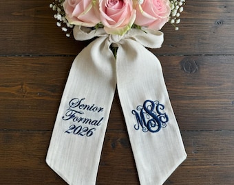 Banda de lino personalizada para ramo, cinta de recuerdo para baile de graduación y regreso a casa, banda bordada para ramo, envoltura de cinta personalizada para boda