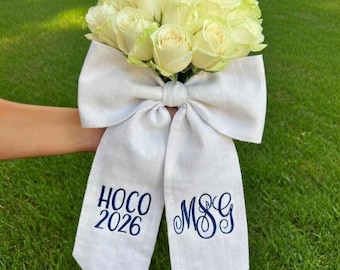 Banda de lino personalizada para ramo, cinta de recuerdo para baile de graduación y regreso a casa, banda bordada para ramo, envoltura de cinta personalizada para boda