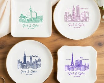 Bandeja para anillos con silueta de ciudad personalizada, soporte para joyas con paisaje urbano personalizado, bandeja para baratijas de Nueva York, regalo de boda de Las Vegas, recuerdos para parejas comprometidas.